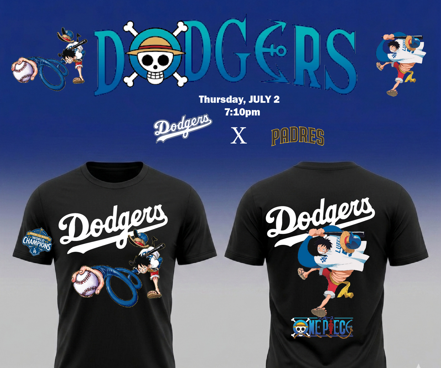 One Piece x Dodgers Night Collab T shirt
