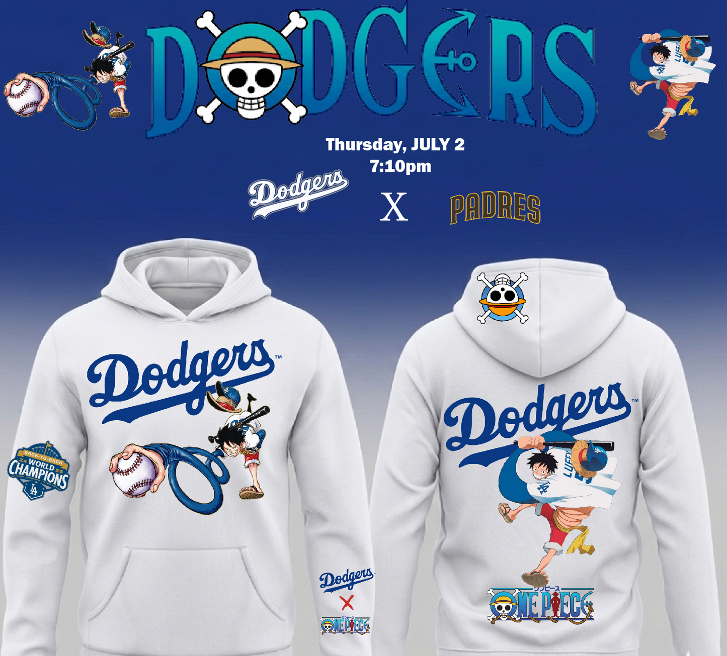 Dodgers X One Piece Luffy Pullover Hoodie 2026 New S-5XL