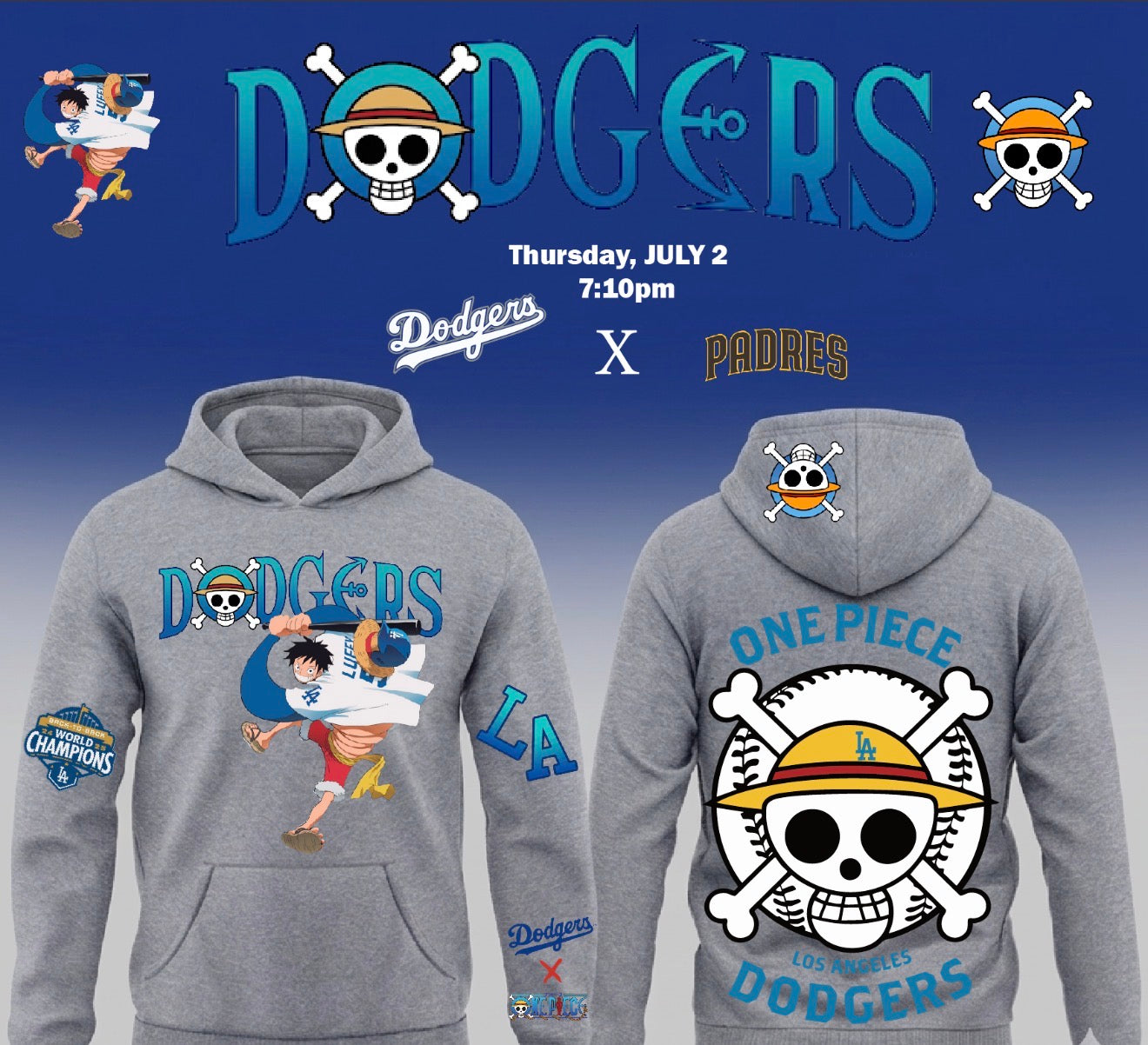 Dodgers X One Piece Luffy Pullover Hoodie 2026 New S-5XL