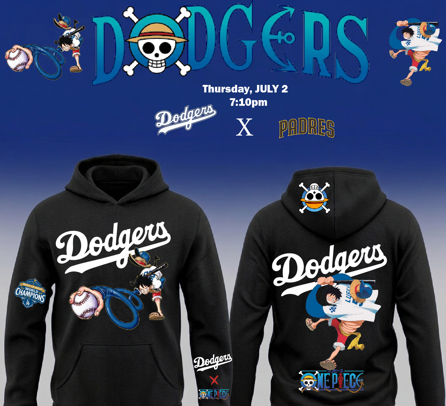 Dodgers X One Piece Luffy Pullover Hoodie 2026 New S-5XL